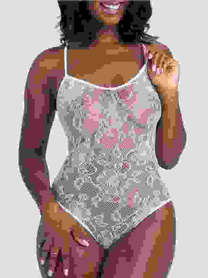 Lovehoney White Open-cut Lace Spaghetti Strap Body, White, hi-res